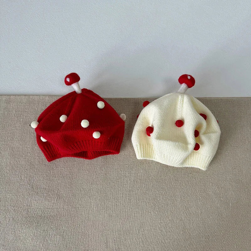 Cute Mushroom Beret Baby Woolen Knitted Hat Children Winter Warm Pullover Hats 6-30M Boy Girl Kids Elastic Beanie Toddler Bonnet