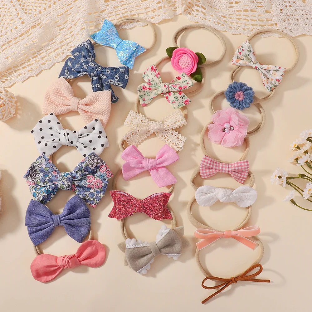 12Pcs/lot A Variety of Butterfly Tie Headband Sets for Children's Sweet Hair Accessories Nylon Elastic Bows Headband for Toddler