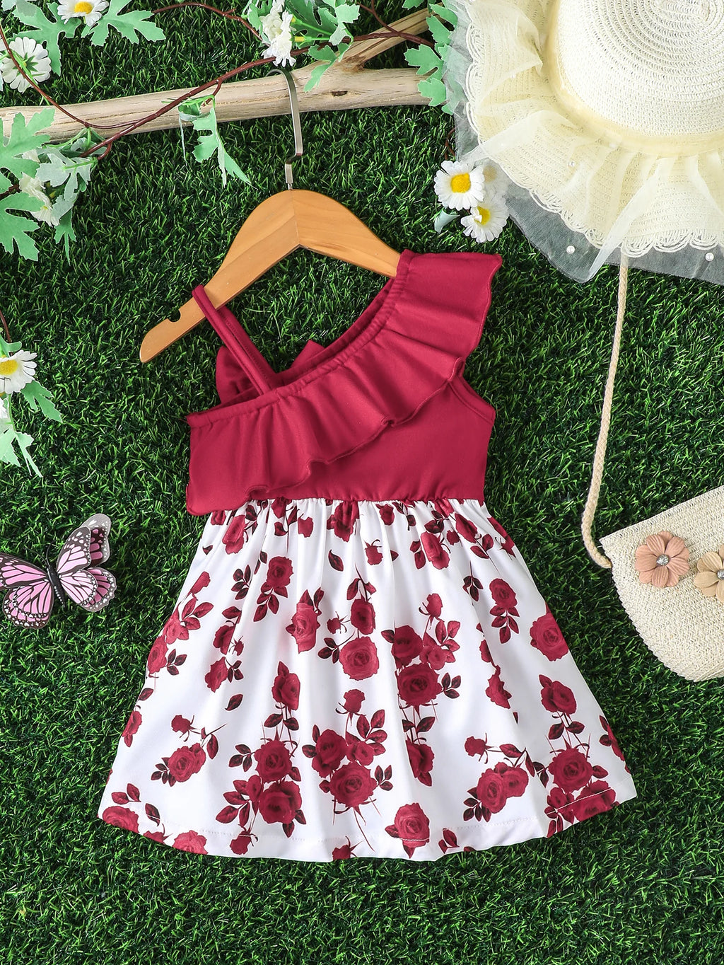 Baby girl clothing Ruffled edges and Sloping shoulder Straps, Fashionable Dress for 0-3 Year old Baby girls, Summer Party Dress