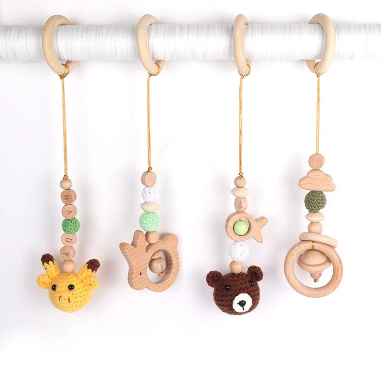 Baby Play Gym Frame Wooden Beech Activity Gym Frame Stroller Hanging Pendants Toys Teether Ring Nursing Rattle Toys Room Decor