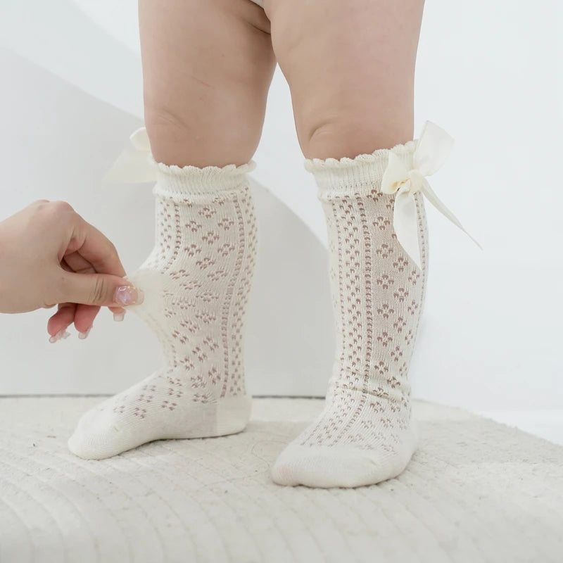 Baby Girls Knee High Socks Breathable Cutout Mesh Cute Bows Dress Socks Newborn Stockings for Clothing Accessories