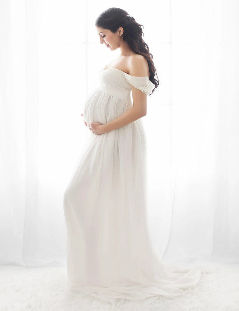 JustVH Maternity Off Shoulder Chiffon Lace Gown Split Front Maxi Photography Dress for Photoshoot