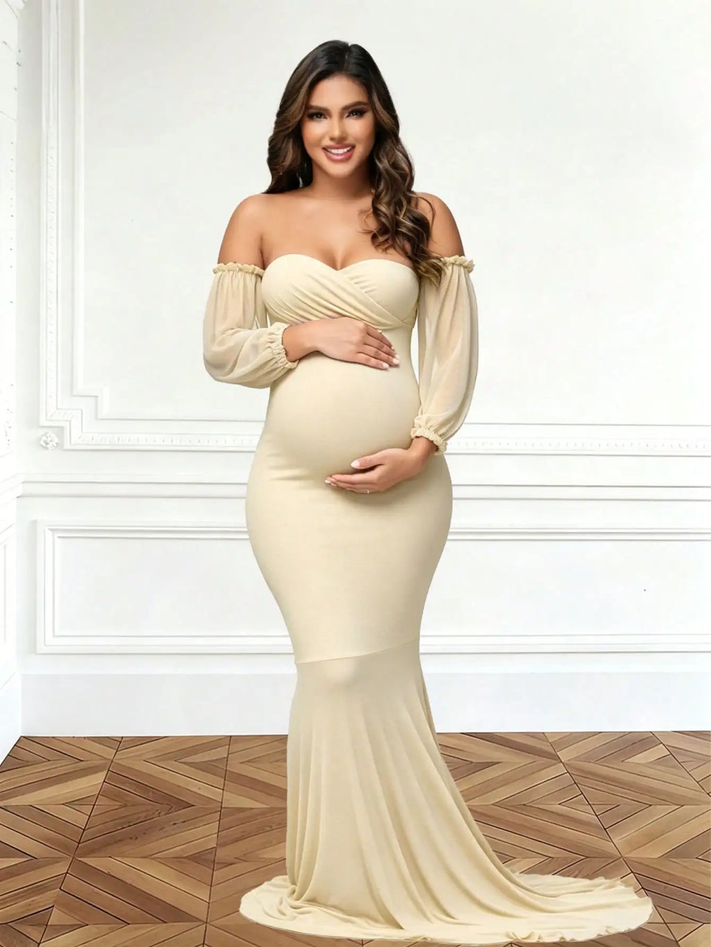 Maternity Dress Off-Shoulder Mesh Puff Sleeve Slim Pregnancy Women's Photography Maxi Gowns For Baby Shower Photoshoot