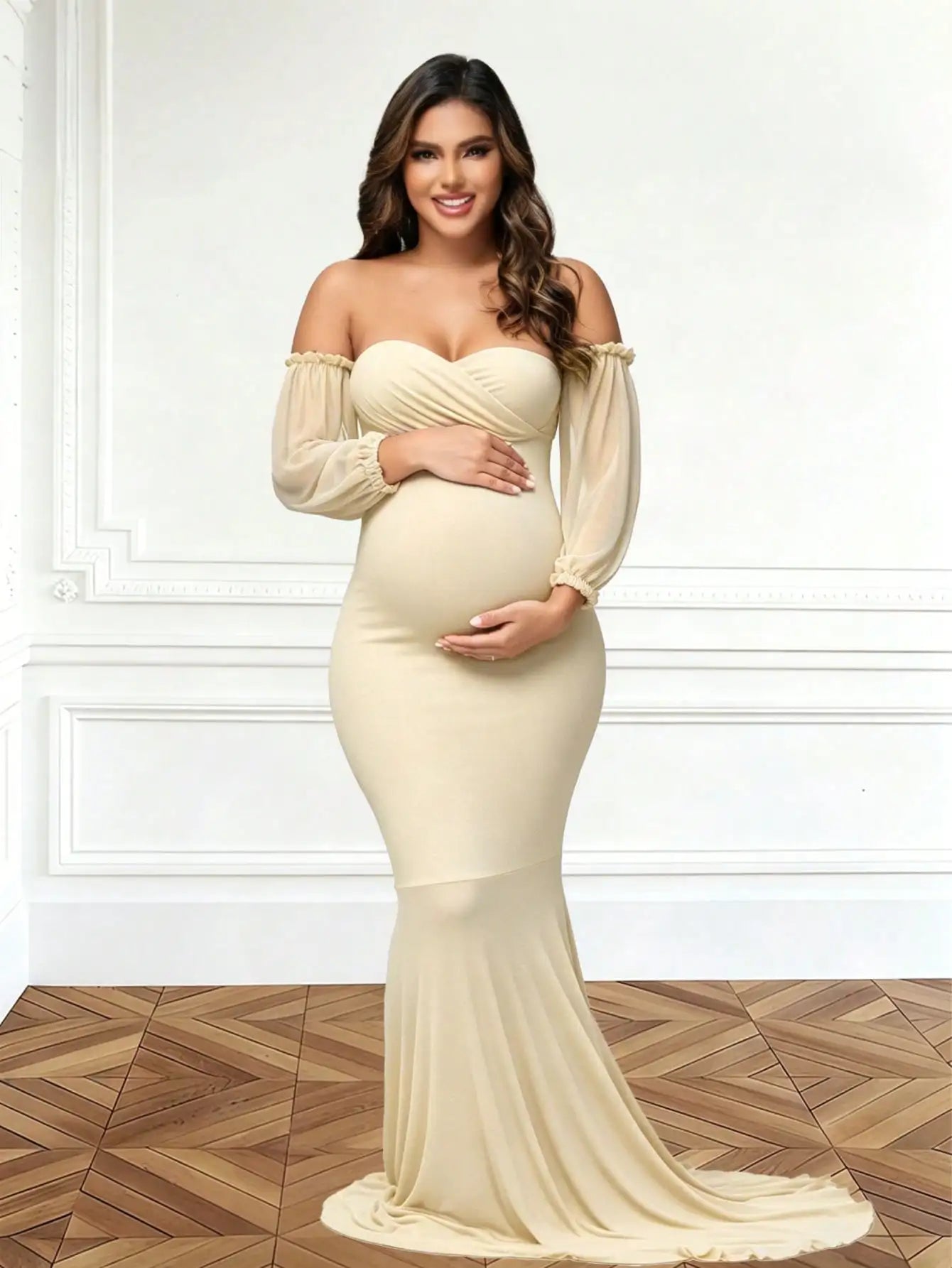Maternity Dress Off-Shoulder Mesh Puff Sleeve Slim Pregnancy Women's Photography Maxi Gowns For Baby Shower Photoshoot