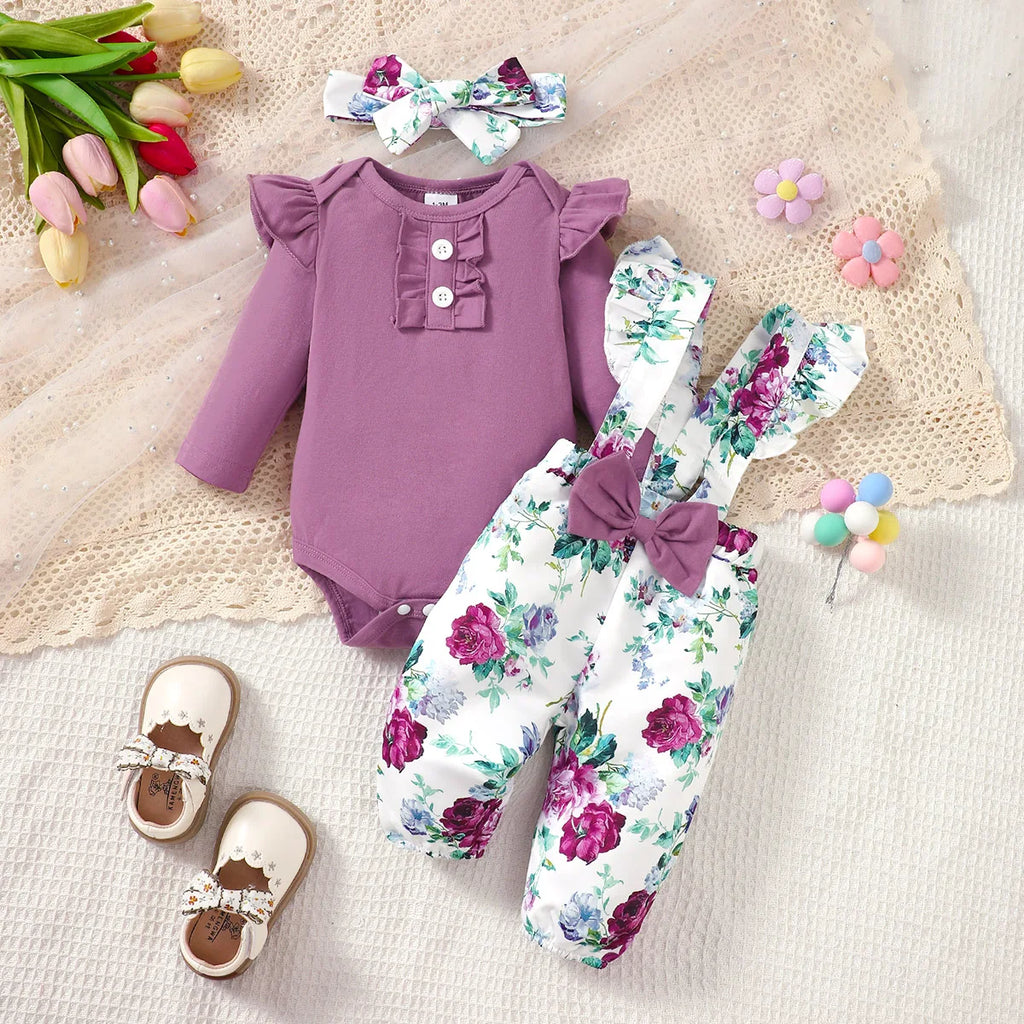 Newborn Girl Baby Set Purple Flared Sleeve Bodysuit + Flower Backband Pant for 0-24 Months Old Female Baby Spring & Autumn Set