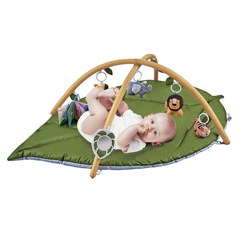Baby Activity Gym Play Mat Leaf Shaped Crawling Rug with Mirror Sensory Hanging Toys Cloth Book Tummy Time Pillow 0-18M