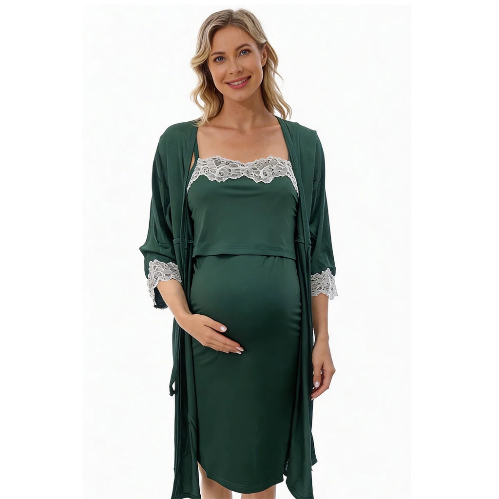 2pcs/Set Pregnancy Pajamas Sleepwear Nursing Pregnant Woman Sling Breastfeeding Nightgown Maternity Labor Dress+Robe Childbirth