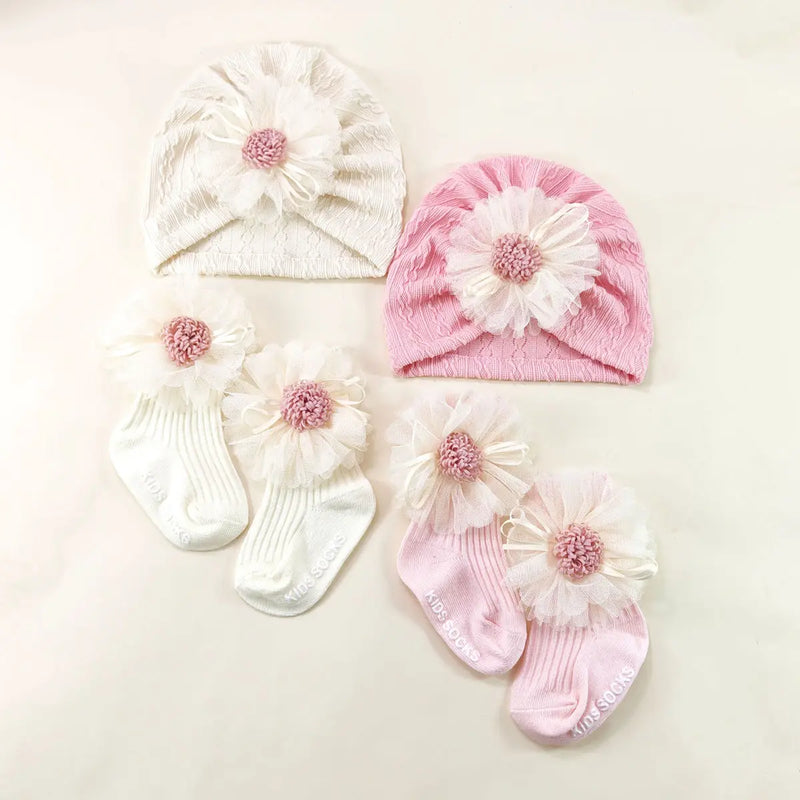 2pcs/set Newborn Elastic Turban Hat set Baby Girls Bow Cap Socks Set Baby Accessories Short Tube Sock Infant Indian Caps