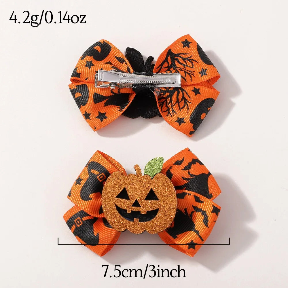 2Pcs/Set Halloween Hair Accessories for Kids Girls - Ribbon Bow Hairpin Ghost Pumpkin Bat Hair Clips for Party Decoration
