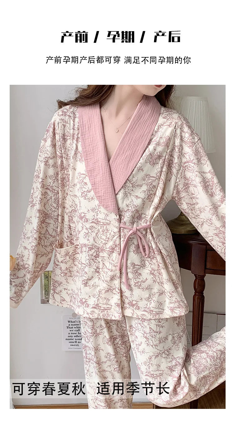Pure Cotton Maternity Nightie For Pregnant Breastfeeding Clothes 	Sleepwear Autumn V-Neck Pajamas For Nursing Mothers