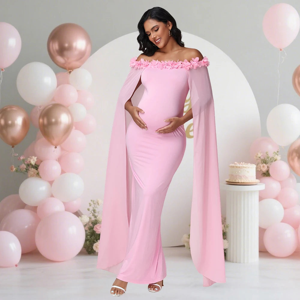 Maternity Floral Off Shoulder Floating Sleeves Dress Elegant Bodycon Maxi Gown for Photoshoot Baby Shower