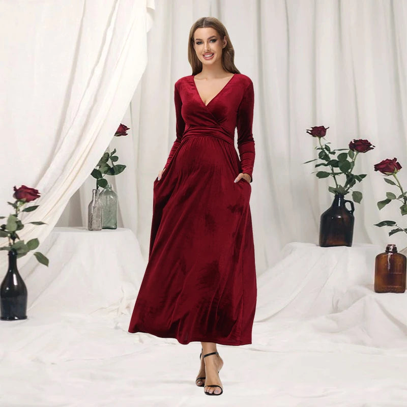 Maternity Photography Dress Velvet Long Sleeves V-Neck High Waist Gown For Wedding  Baby Shower Photo Shoot