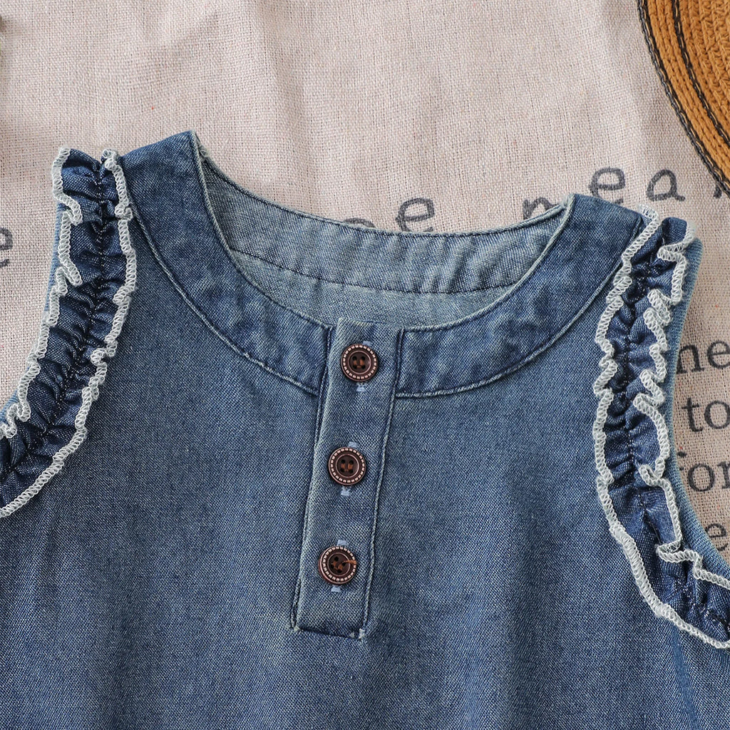 Toddler Baby Girl Sleeveless Denim Dress Lace Ruffle Trim Button Front Summer Kids Casual Jean A-line Dress