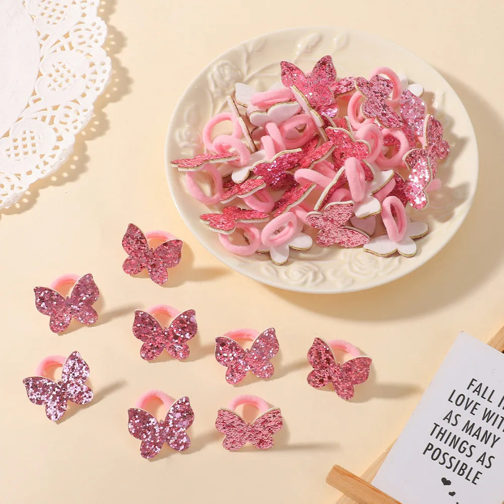 20Pcs/lot Sequin Butterfly Hairbands for Children No Harm To Hair Cartoon Towel Rope Girls Ponytail Holder Rubber Band Headwear