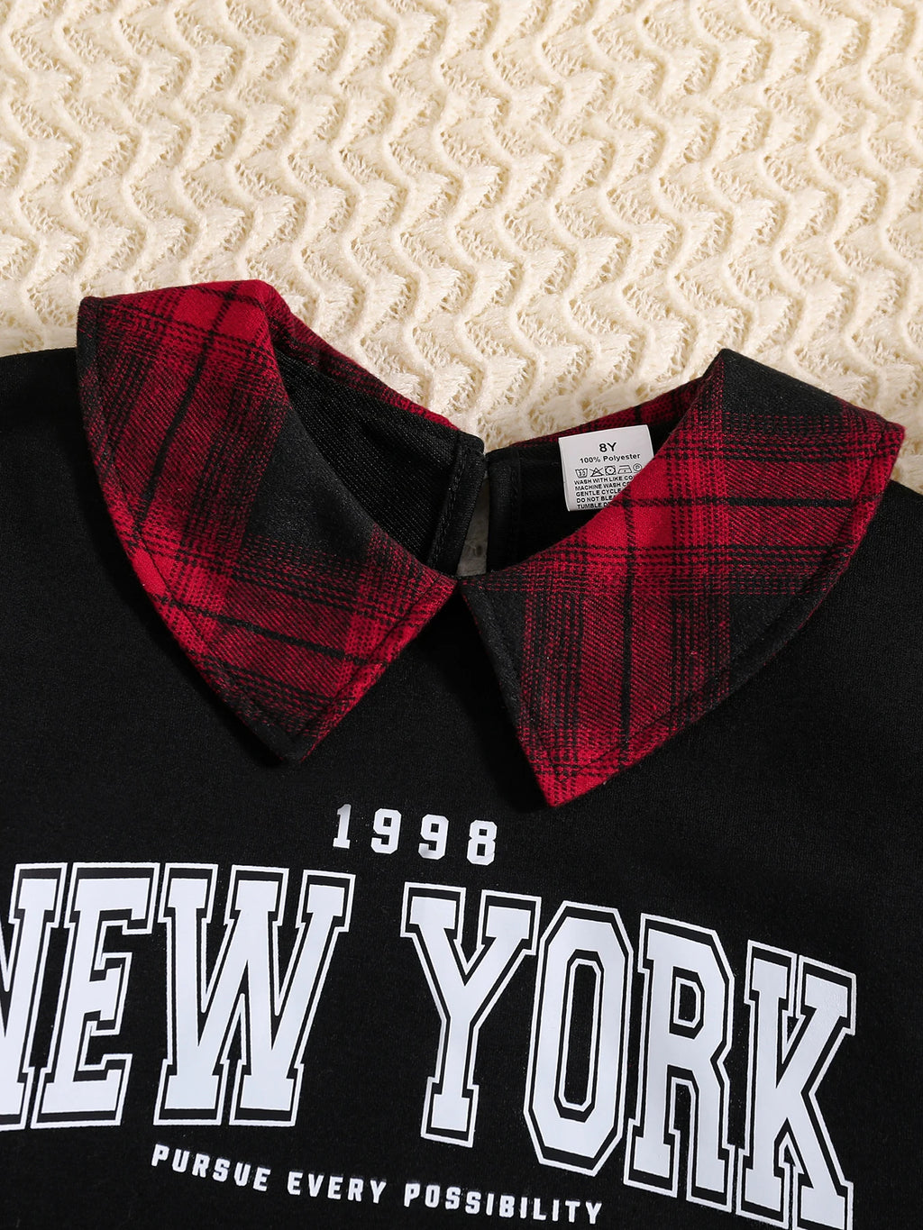 Girls Fashion Casual 2-Piece Set Black Lapel Long-Sleeved Letter Print Shirt Plaid Skirt Spring Autumn New
