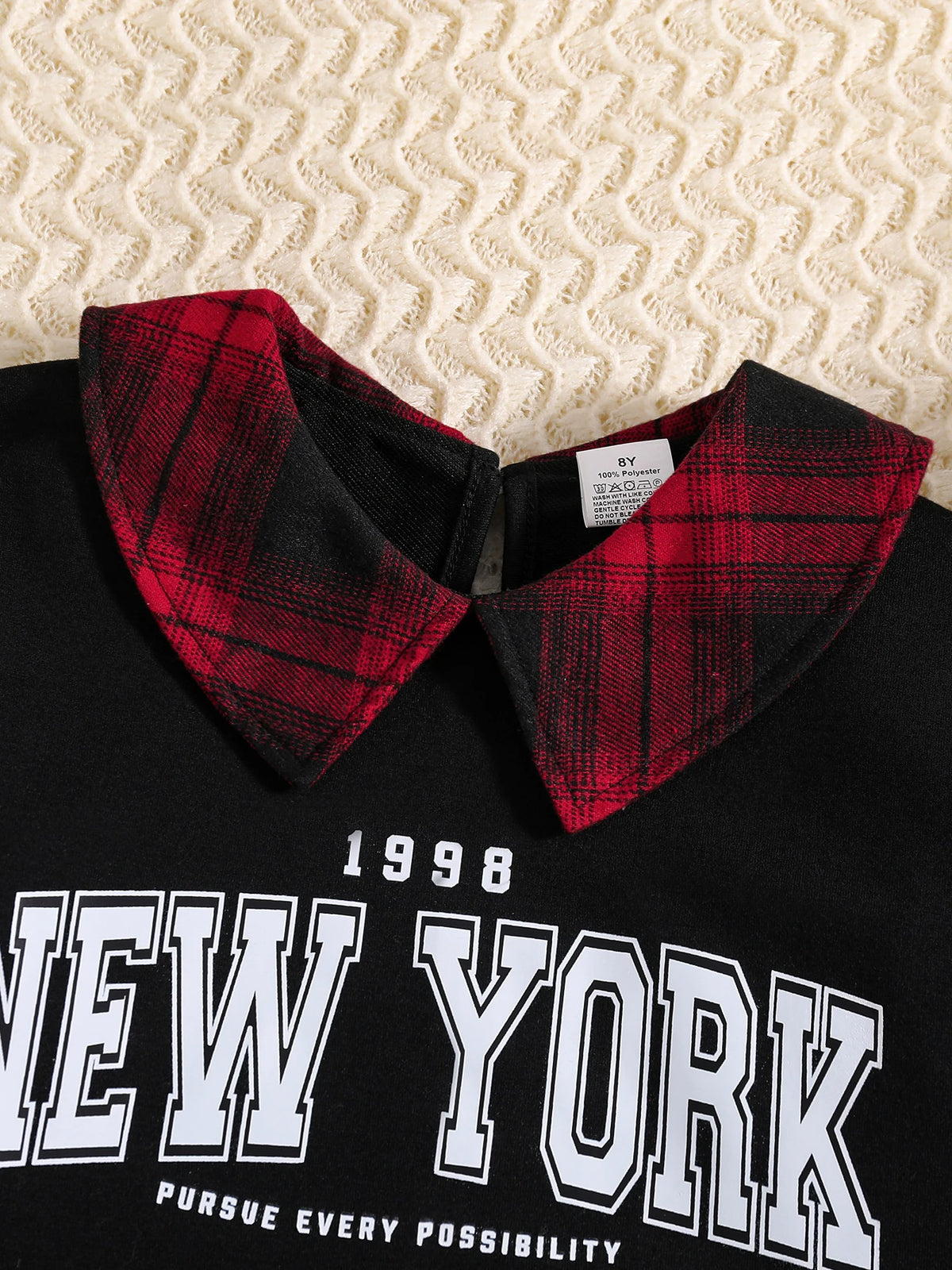 Girls Fashion Casual 2-Piece Set Black Lapel Long-Sleeved Letter Print Shirt Plaid Skirt Spring Autumn New