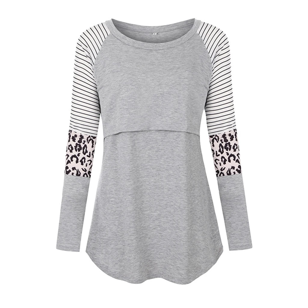Women Maternity Long Sleeve Nursing Patchwork Color Tops Breastfeeding Blouse