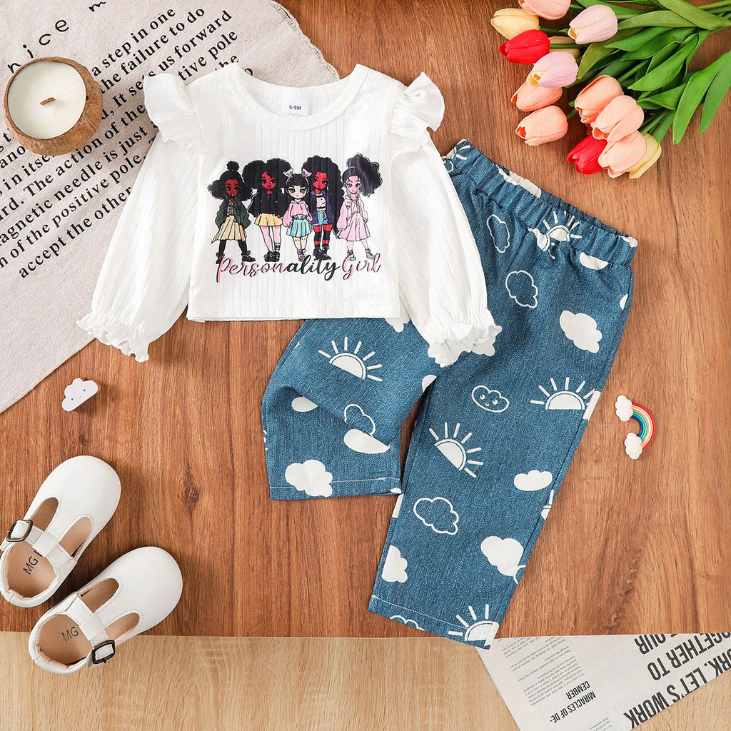 0-3Years Baby Girl Casual Set Cartoon Anime Pattern Top Cloud Printed Blue Pants Two Piece Set Toddler Baby Girl  Autumn Set