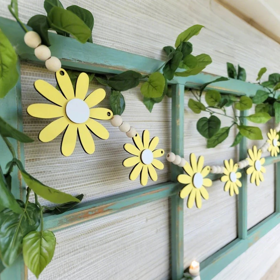 Ins Nordic Style Yellow Wooden Daisy Wreath, Spring Vibe Home Decor Wall Hanging, Wedding Decoration Garland, Four Seasons Room Wall Decoration Garland, Tent Curtain, Festival Event Wall Hanging Decoration