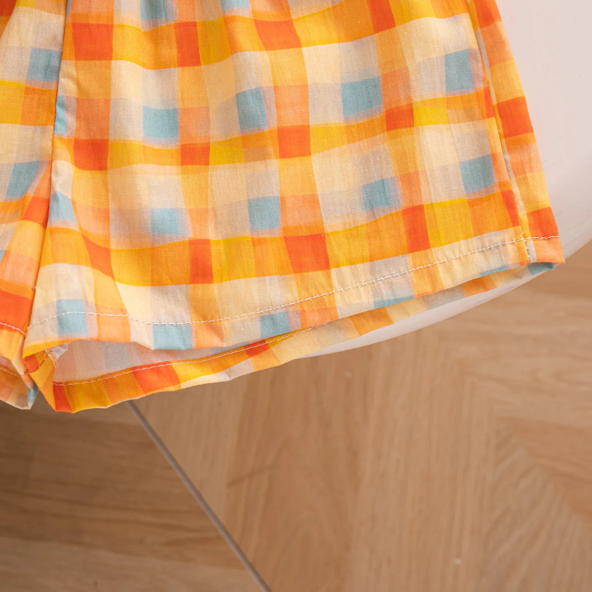 Korean Style Toddler Holiday Sets Summer Comfortable Cotton Orange Bow Plaid Suspender Tops And Breathable Baby Girl Shorts