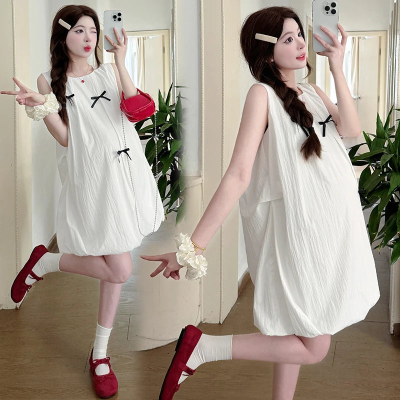 Korean Style Maternity Mini Dress Sleeveless White Pregnant Woman Bud Dress Fashion Short Lady Loose Fashion Dress with Bowknot