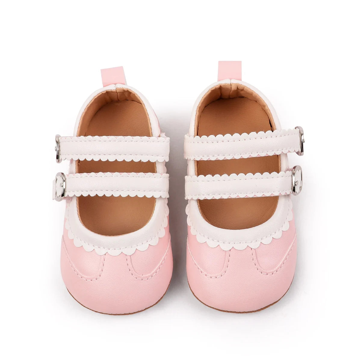 0-18 Months Infant Pre-walker Shoes, Scalloped Lace Trim Dual Buckle Strap Soft Non-slip Rubber Sole Indoor Baby Mary Jane Shoes