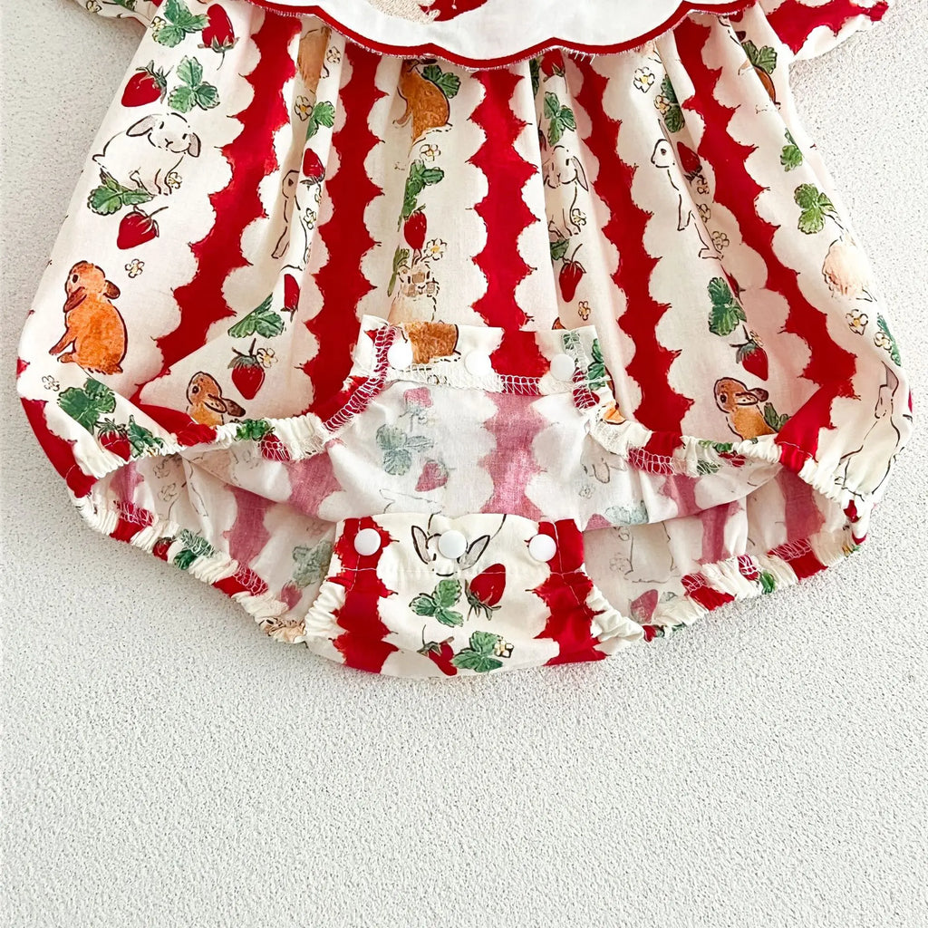 insBaby Girl Rabbit Cartoon Print Embroidered Collar Romper Infant Toddler Sweet Summer Short Sleeve Jumpsuit