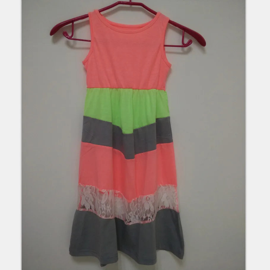 2026 Neon-Coloured Lace Family Matching Mother Daughter Dresses Clothes Striped Mom Dress Kids Child Outfits Mum Sister Baby