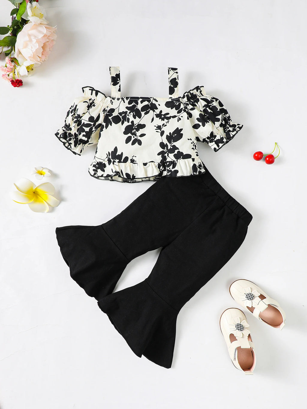 2Pcs Toddler Baby girl Small Floral One Shoulder Top+Black Flared Pants Fashion Set fit 0-3 Years Little Girlsummer Set