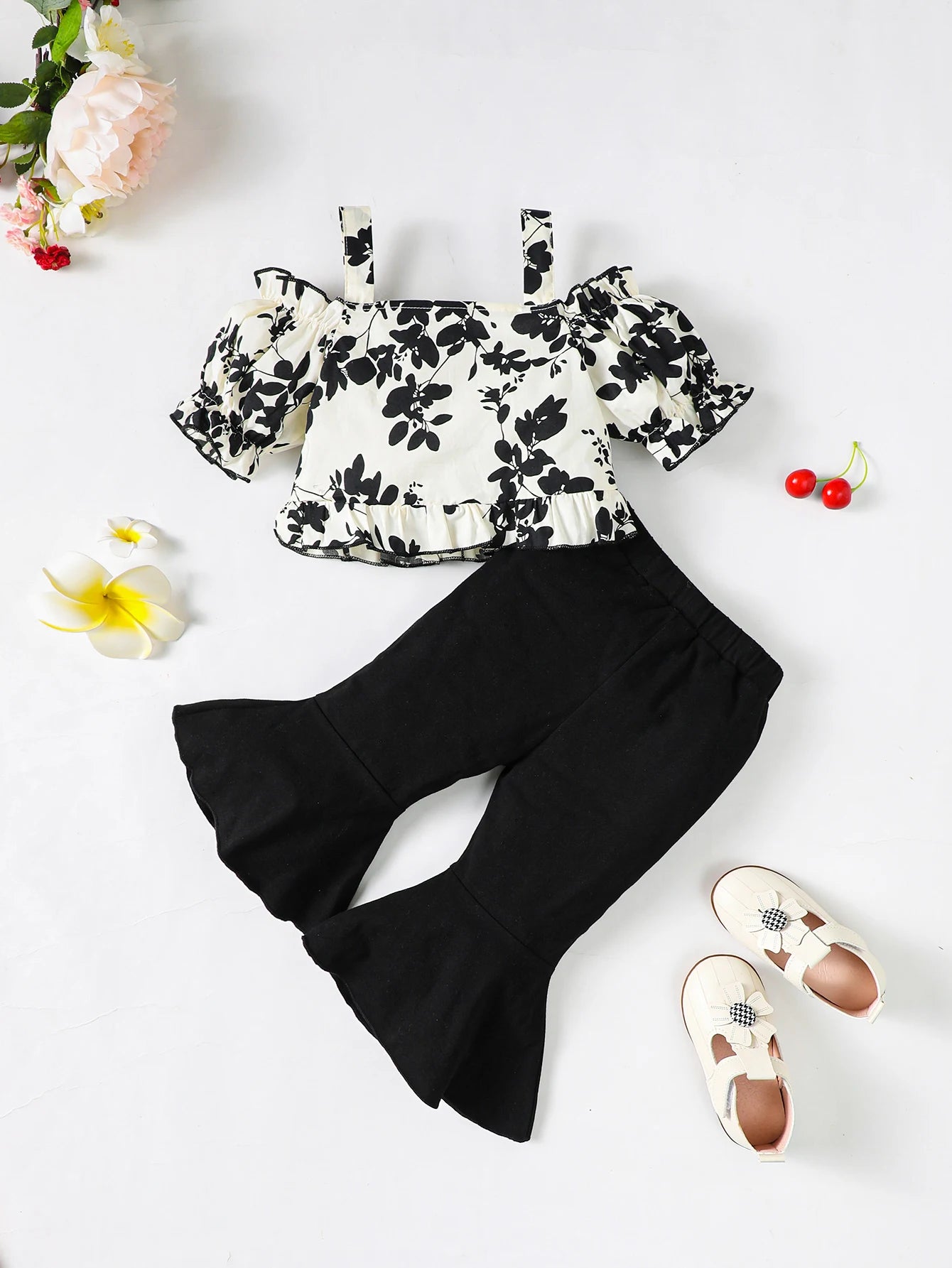 2Pcs Toddler Baby girl Small Floral One Shoulder Top+Black Flared Pants Fashion Set fit 0-3 Years Little Girlsummer Set
