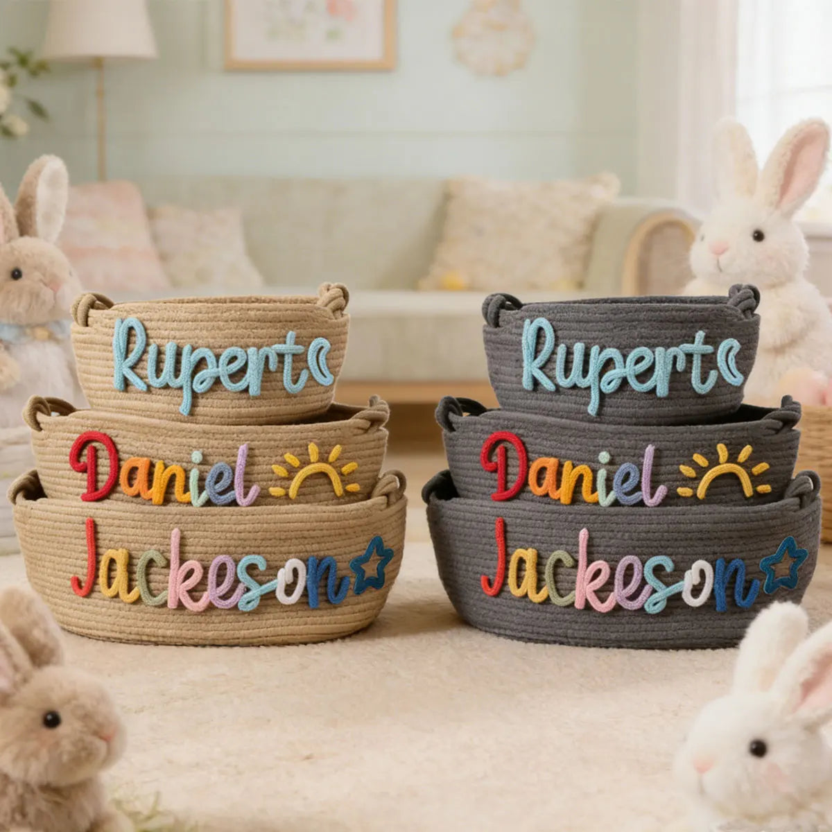 Personalized Woven Storage Basket with Letter – Custom Star Sun Moon Gift Basket
