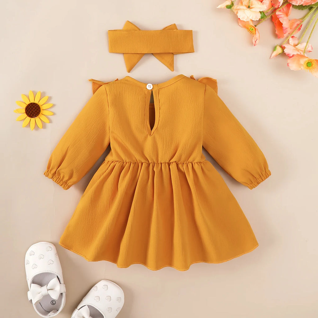 0-18 Months Baby girl Dress Ruffled Long sleeved Dress and Headband 2Pcs/Set for Cute Baby girl Spring and Autumn Fashion Dress