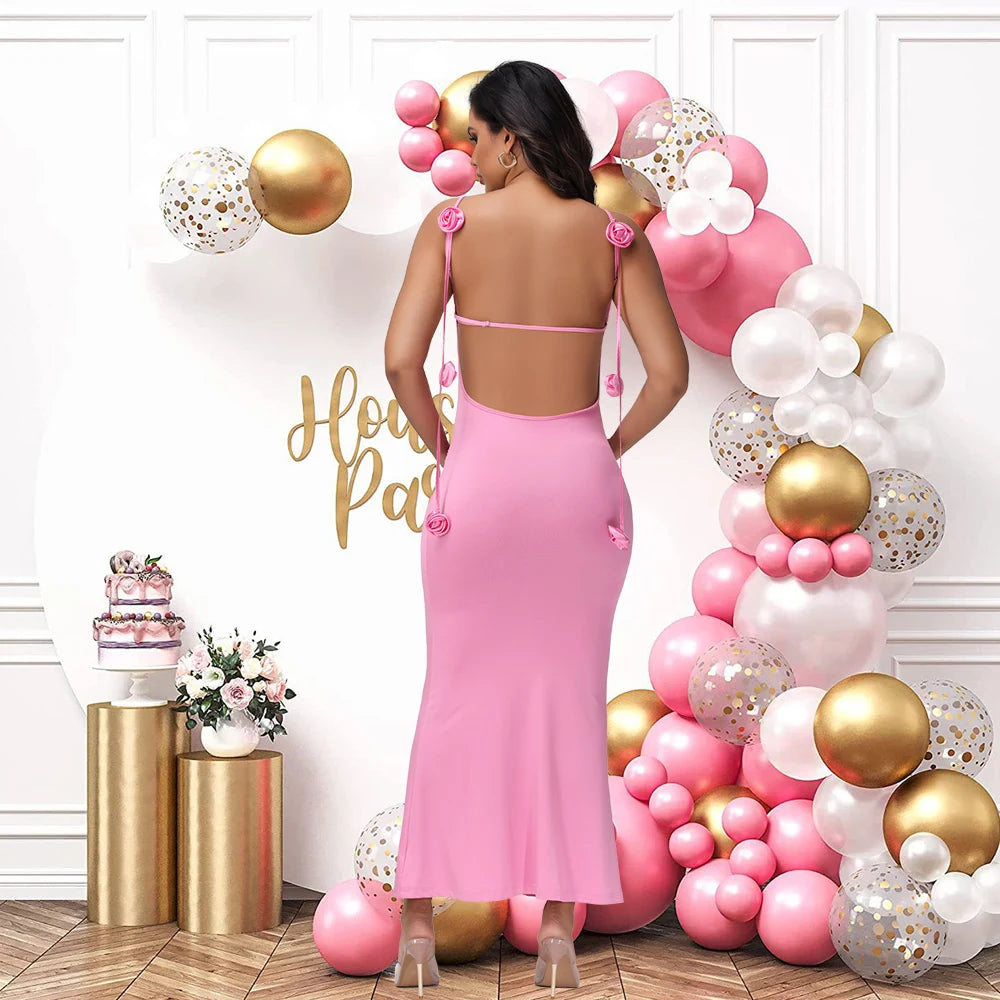 Maternity 3D Floral Decor Straps Summer Dress Photography Backless Bodycon Long Dress for Baby Shower Photoshoot