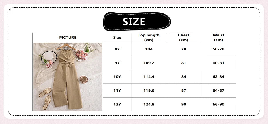 Girls 8-12 Casual Khaki Jumpsuit, Halter Neck Twist Front Sleeveless & Elastic Waist Wide Leg Pants, Daily Kids Outfit