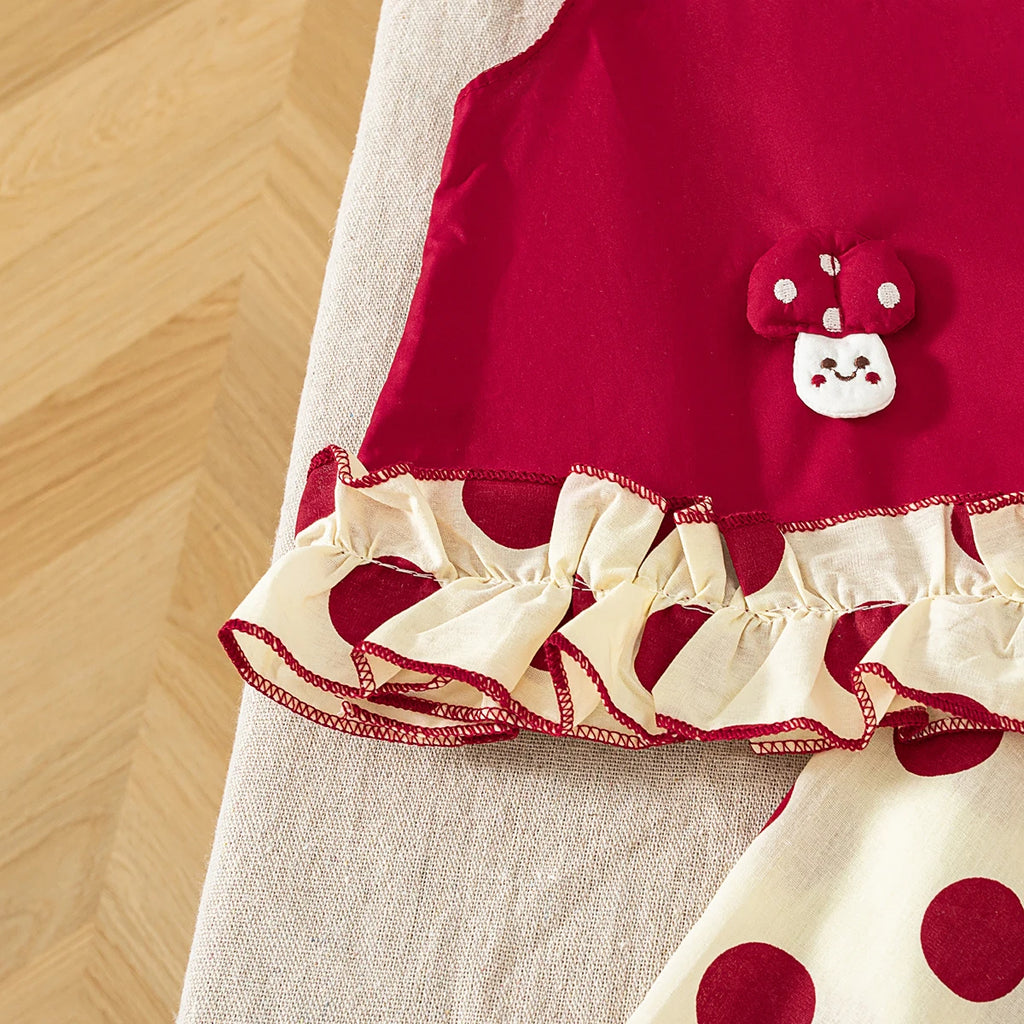 Children's Top and Bottom Clothes Set Summer Cute Cartoon Red Shirt with Comfortable Breathable Polka Dot Baby Girl Pants Outfit