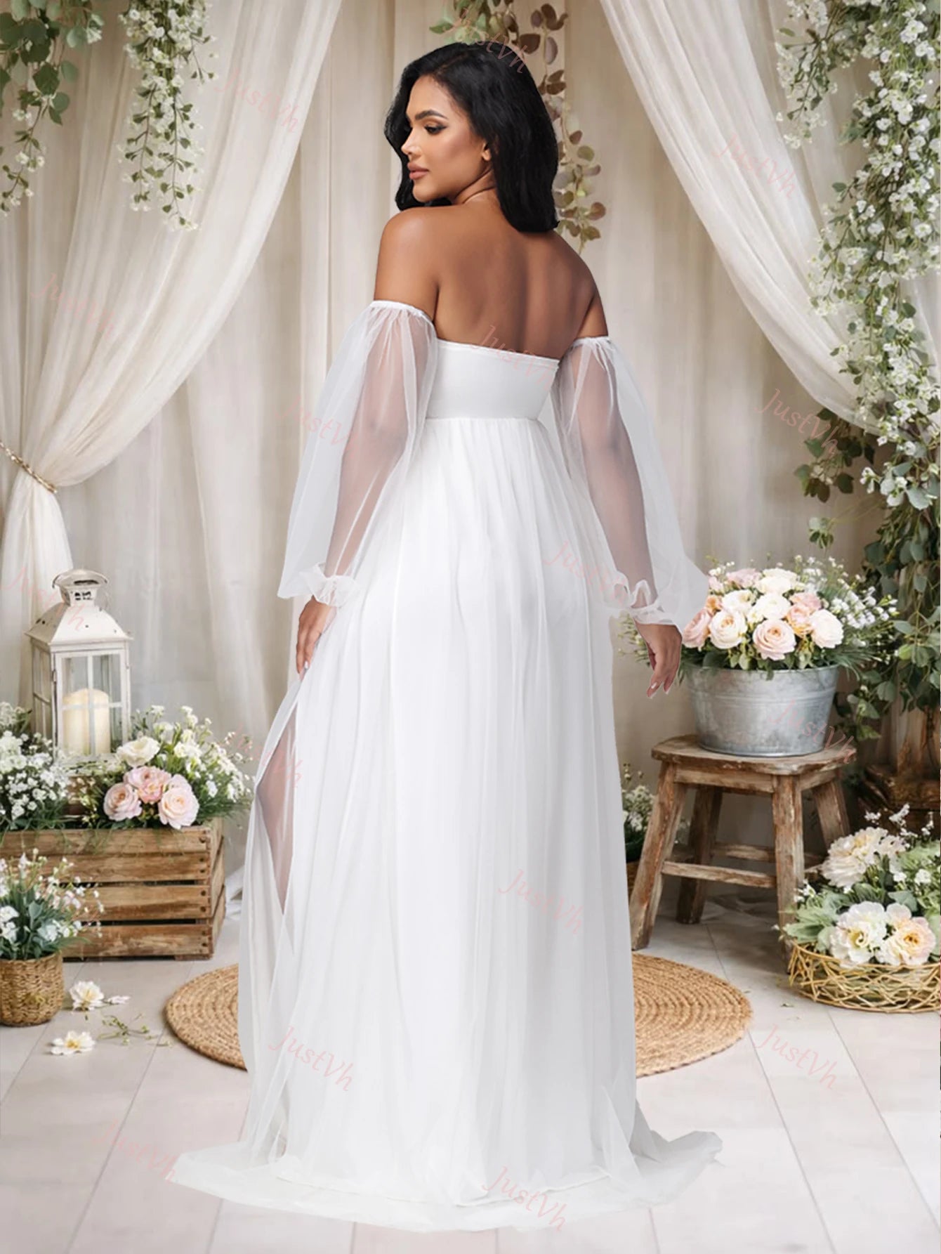 Maternity Sweetheart Neck Puff Sleeves Mesh Dress Side Split Party Gown for Photoshoot