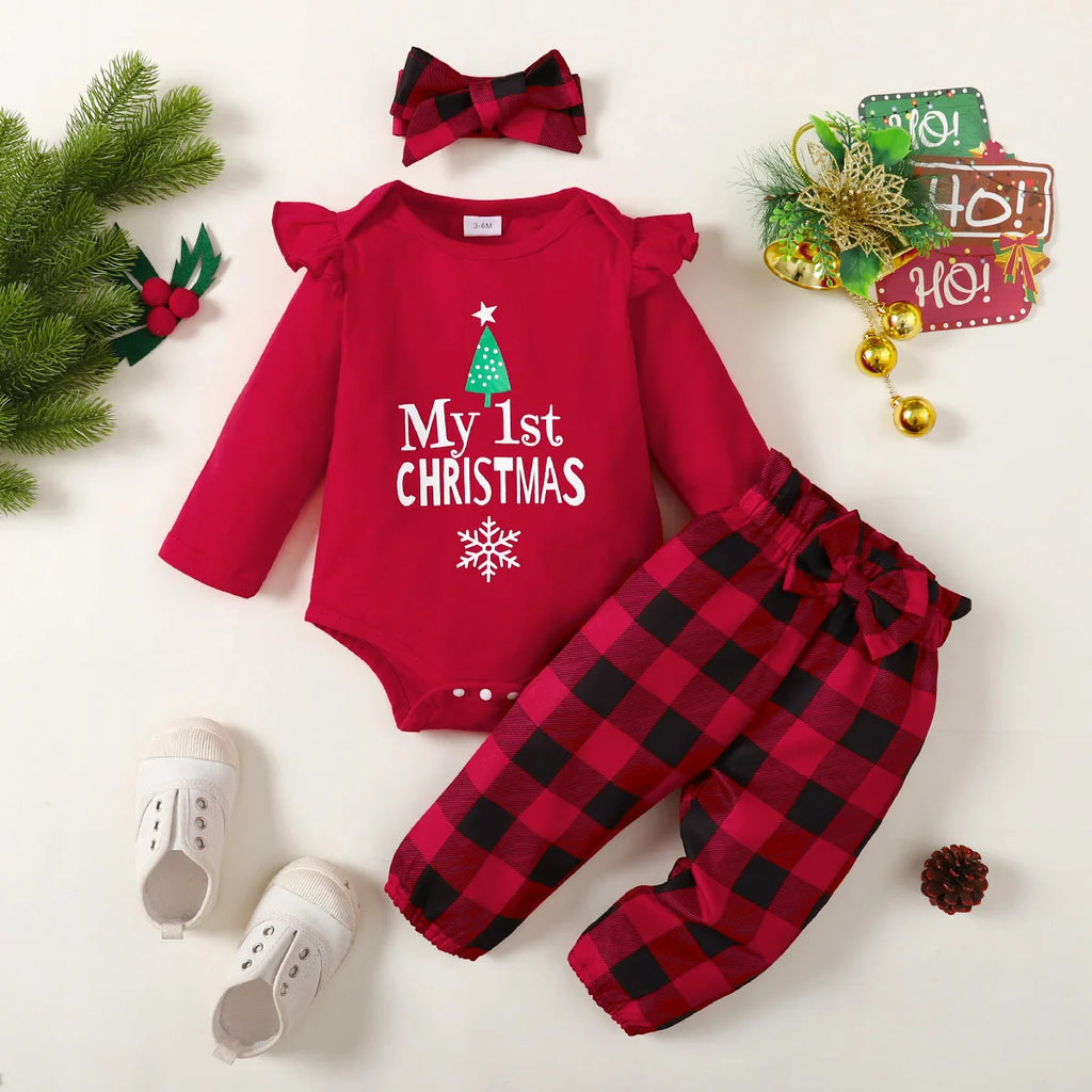 3Pcs Christmas Set Letter Printed Long sleeved Bodysuit Bow Checkered Pants+Headband Suitable 0-18 Months Baby Girl Holiday Set