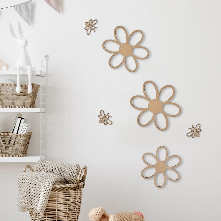 6Pcs/Set Nordic Style Wooden Hollow-Out Daisy Flower and Hollow-Out Bee Wall Decoration Wall Stickers, Natural Wood Style Decoration for Home Living Room, Bedroom, Cafe, Homestay Wall Wooden Wall Stickers Decoration