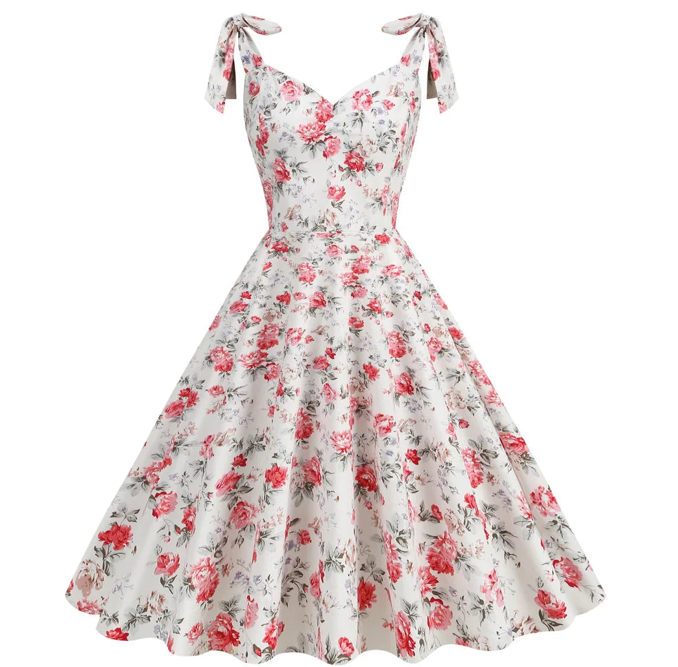 Summer New Parent-Child Dress Flower Bow Print Strap Dress Beach Party Fashion Cute V-Neck Mother Daughter Dress