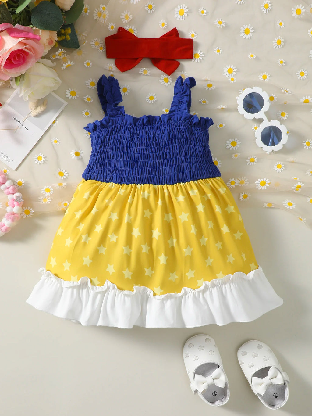 2Pcs/Set of Baby girl Summer Dress with Pleated Edge Princess Dress +Headband for 0-3 Year Baby girls Playing in Amusement Parks