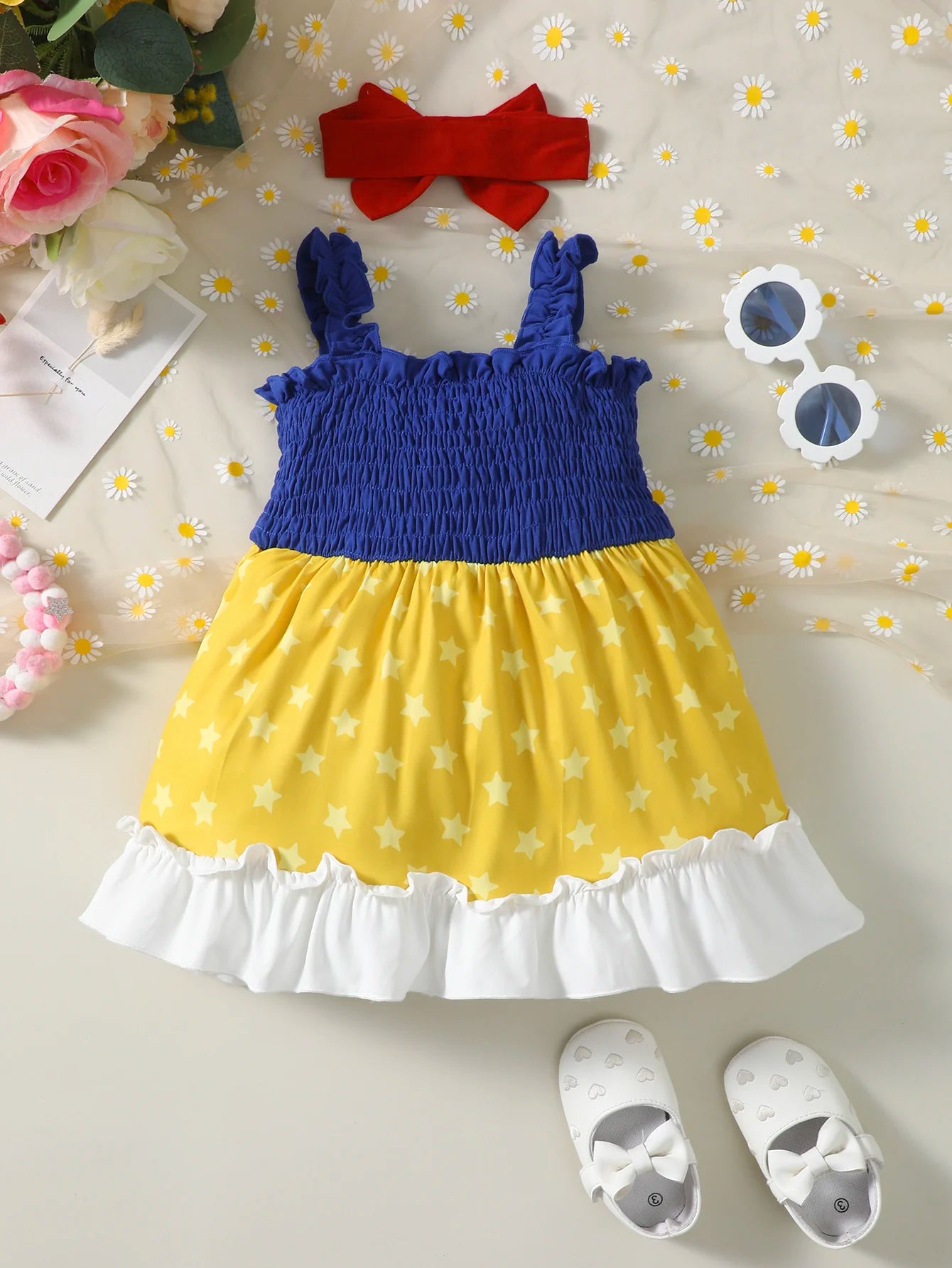 2Pcs/Set of Baby girl Summer Dress with Pleated Edge Princess Dress +Headband for 0-3 Year Baby girls Playing in Amusement Parks