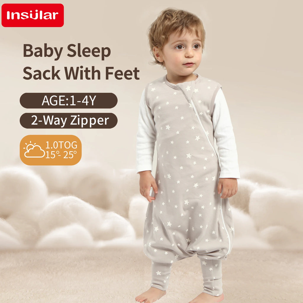 100% Cotton Baby Split Leg Sleep Sack Sleeveless Homewear Four Seasons Wear Two Way Zipper Comfortable Sleeping Bag for Infants