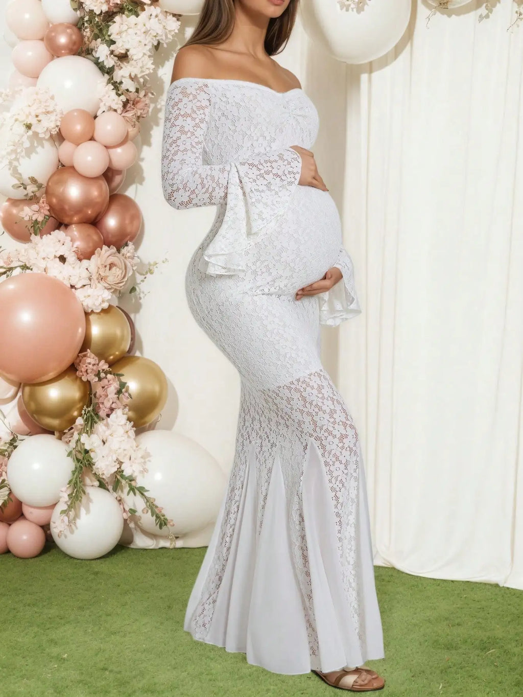 Pregnant Women's White Off Shoulder Lace Long Sleeve Mermaid Maxi Maternity Dress for Baby Shower, Maternity Photo Shoot
