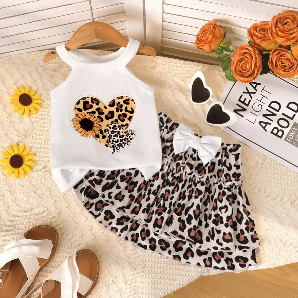 2Pcs Girls' Set sleeveless Leopard Print Heart Print Top +Bow Leopard Print skirt set 4-7 Year old Girls' Summer Fashion Set