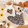 2Pcs Girls' Set sleeveless Leopard Print Heart Print Top +Bow Leopard Print skirt set 4-7 Year old Girls' Summer Fashion Set