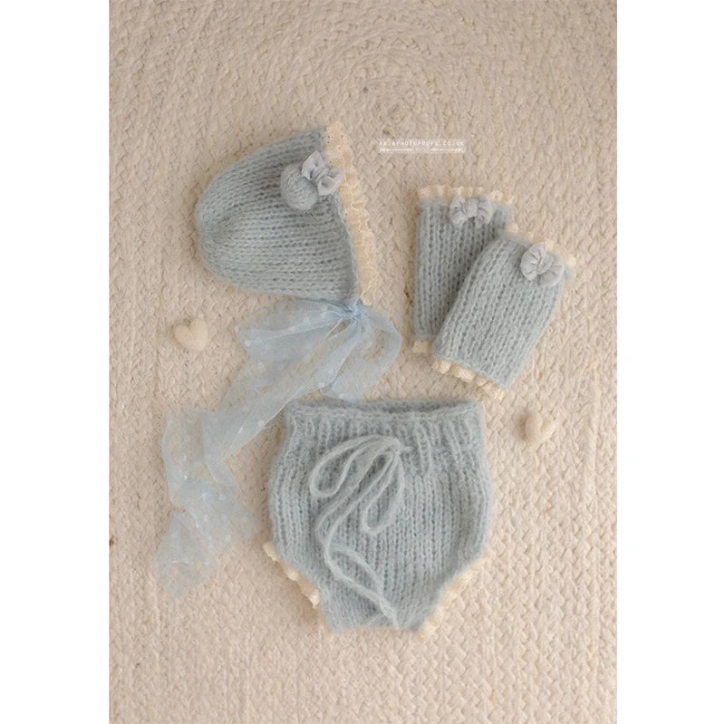 Newborn Photography Outfit Knitted Baby Bonnet Hat Shorts Wrist Wrap Set Infant Girl Photoshoot Props Lace Bow Studio Costume