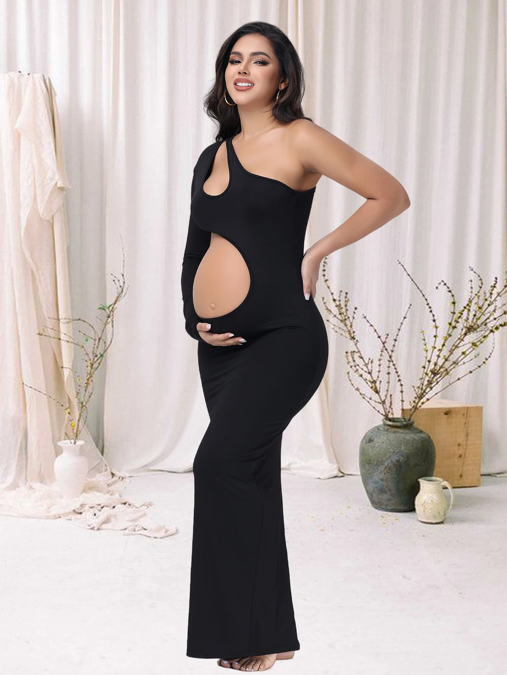 Maternity One Shoulder Long Sleeves Belly-revealing Maxi Dress Baby Shower Gown For Photoshoot