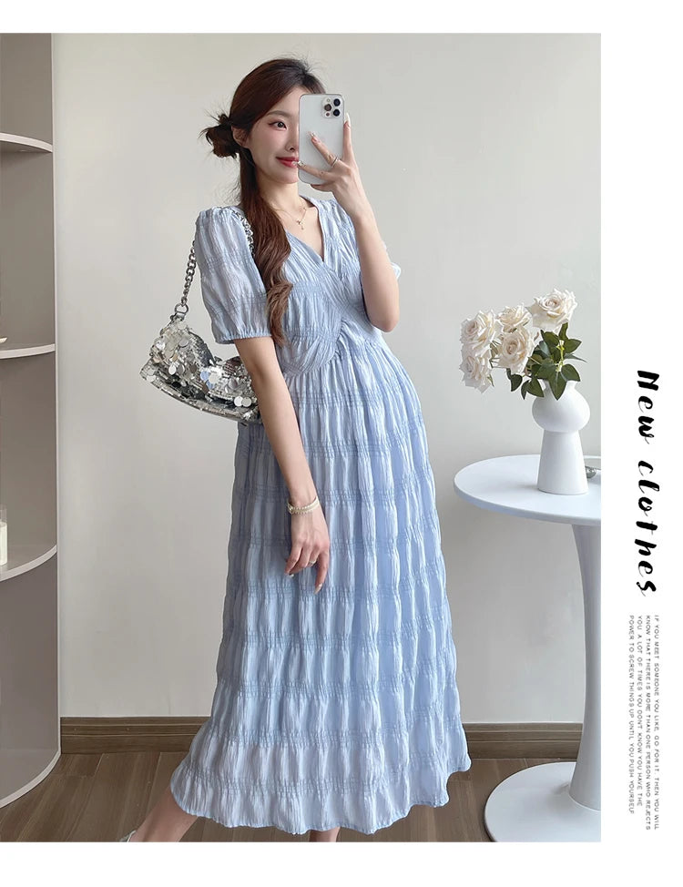 French Style Summer Maternity Pleated Dress High Waist V-neck Short Sleeve Pregnant Woman Elegant Dress Pregnancy Clothes Loose