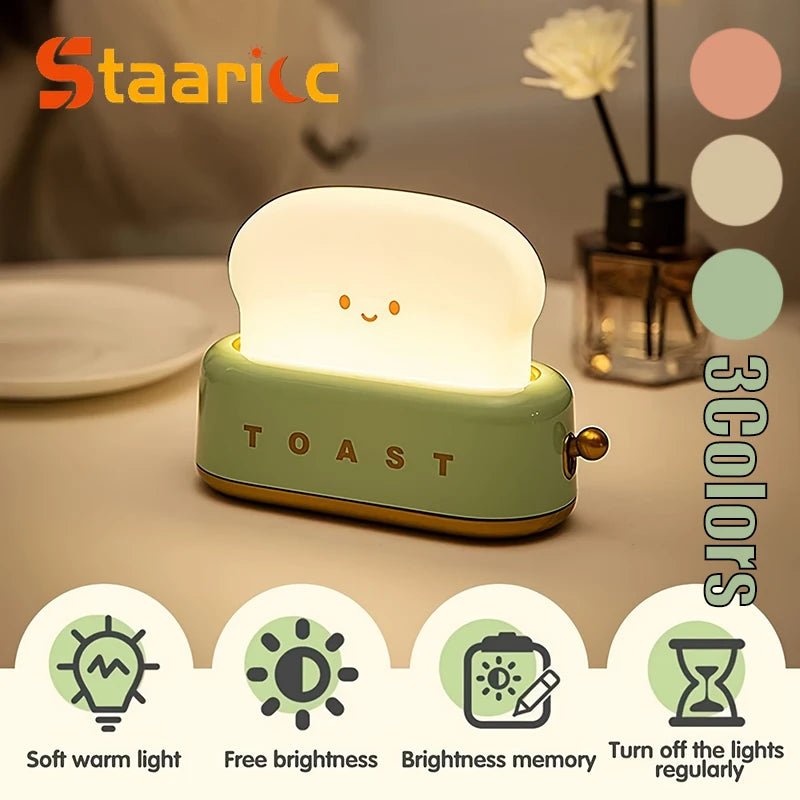 Rechargeable Cute Toaster Night Light - Toast Shape Bedside Lamp with Smile Face,Dimmable Desk Decor,Bedroom,Living Room,Gift