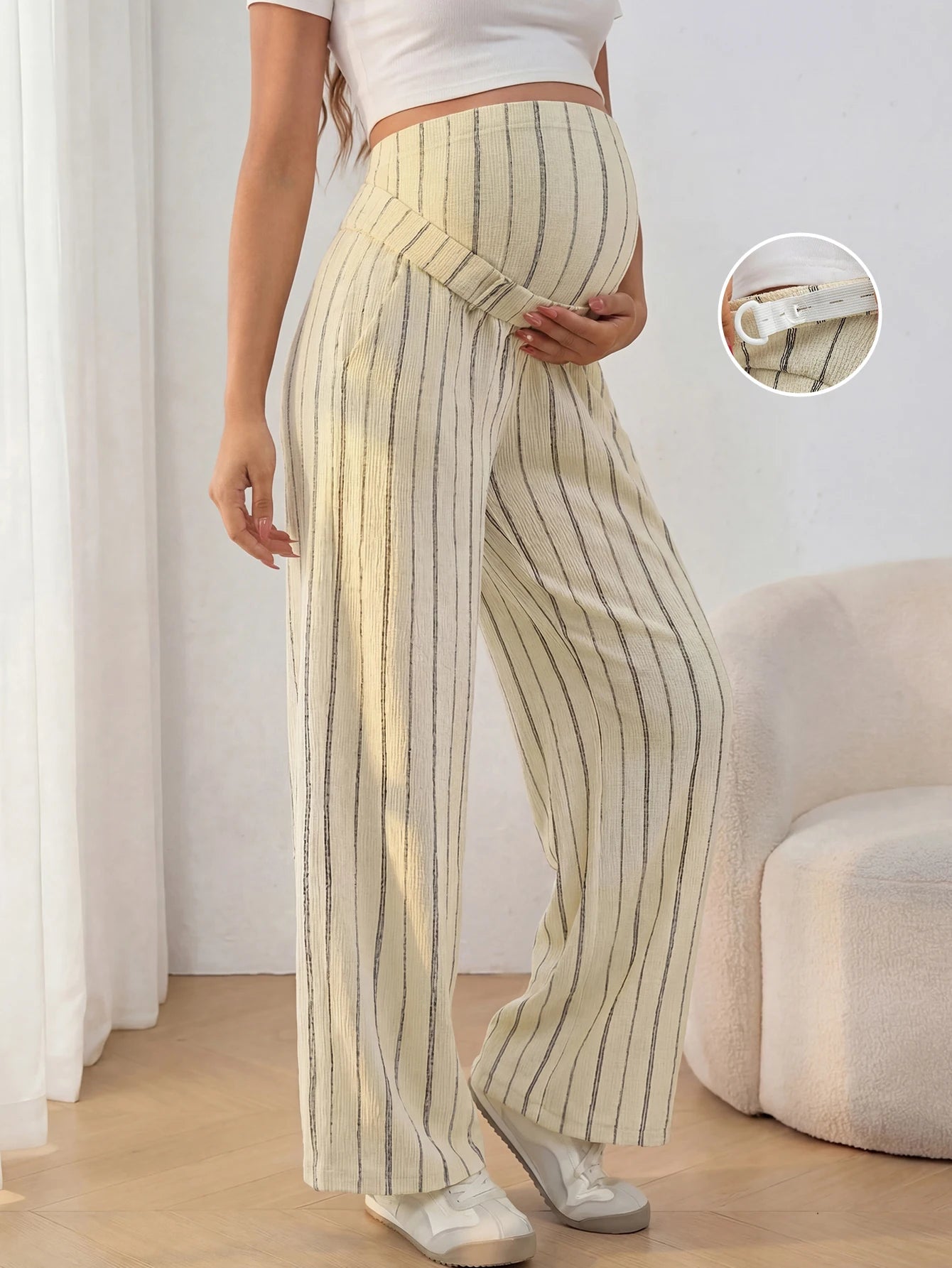 Maternity Women Striped Adjustable Waist Wide Leg Dress Leggings for Casual Work and Under Dresses